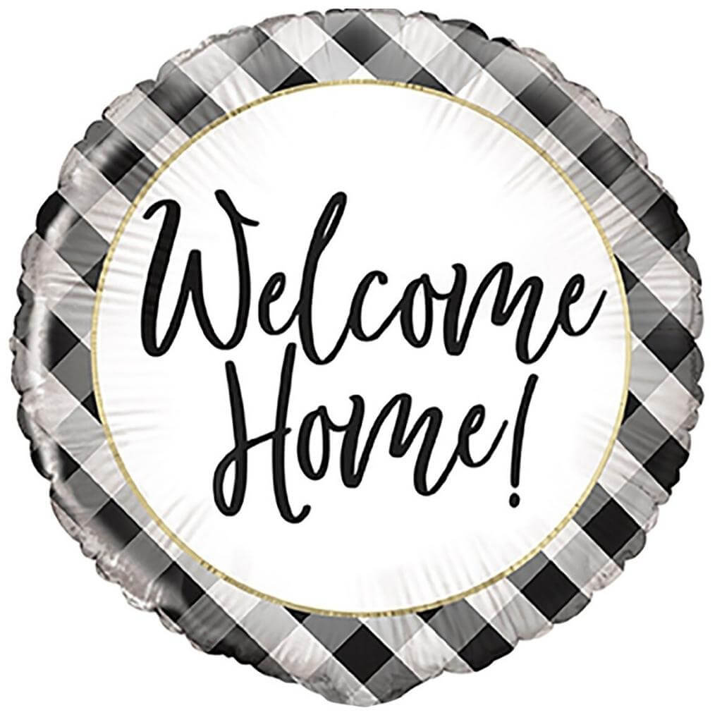 45cm Black Gingham Welcome Home Round Foil Balloon