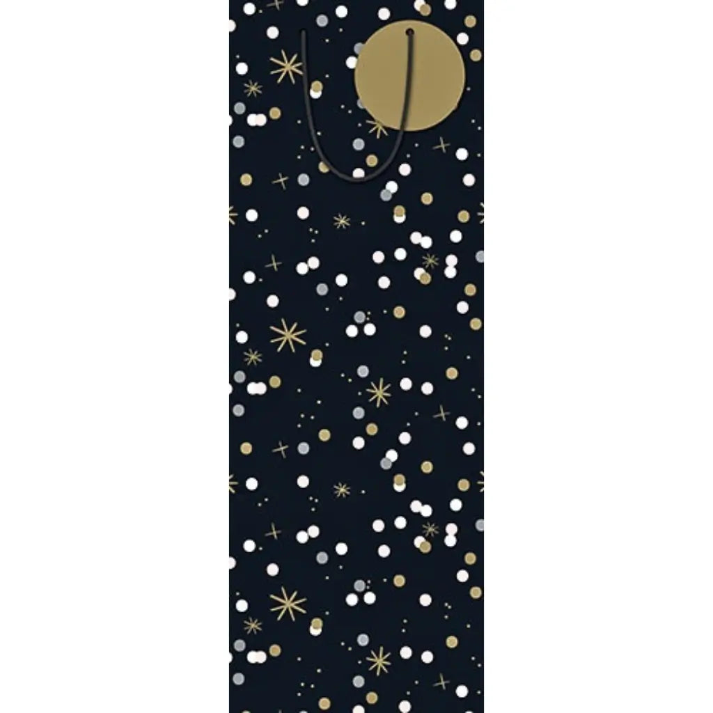 Black and gold confetti bottle gift bag with rope handles and round tag