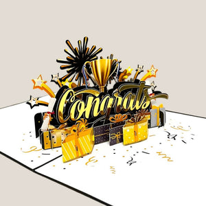 Handmade Black & Gold Congrats with Presents 3D Pop-Up Card – Celebrate Success in Style