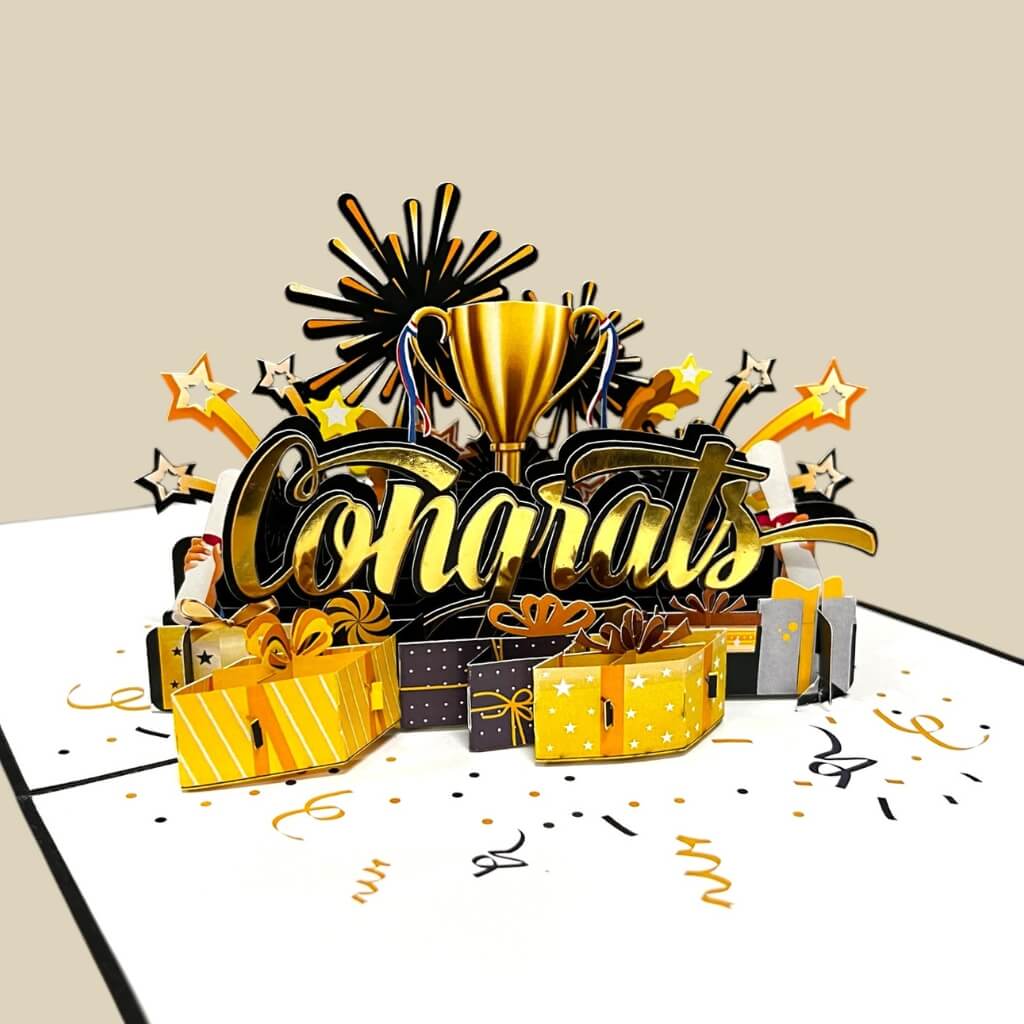 Handmade Black & Gold Congrats with Presents 3D Pop-Up Card – Celebrate Success in Style