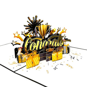 Handmade Black & Gold Congrats with Presents 3D Pop-Up Card – Celebrate Success in Style