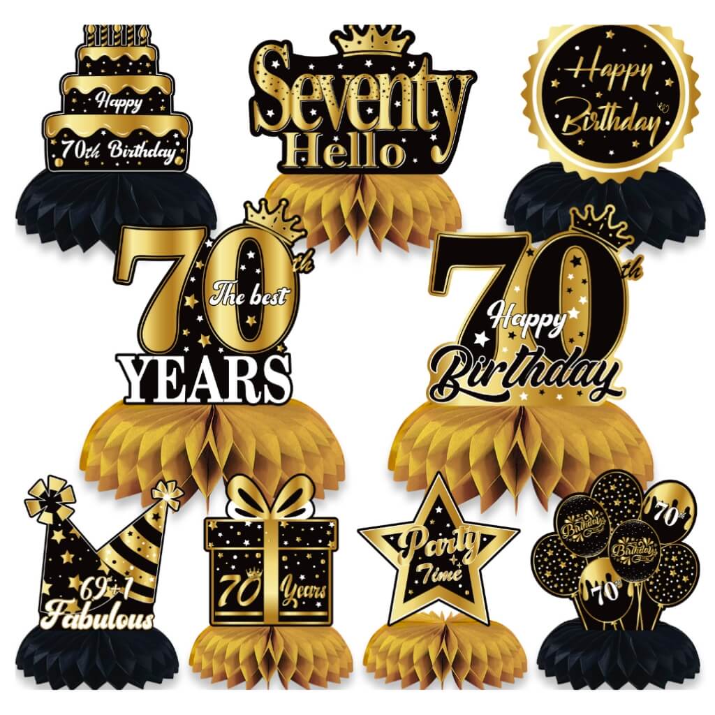 Black & Gold 70th Birthday Honeycomb Centrepieces 9pk