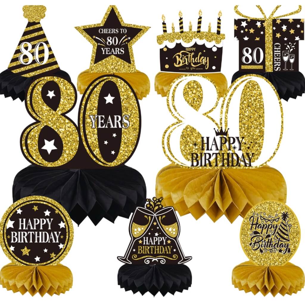 Glitter Gold 80th Birthday Honeycomb 9pk Table Centrepieces