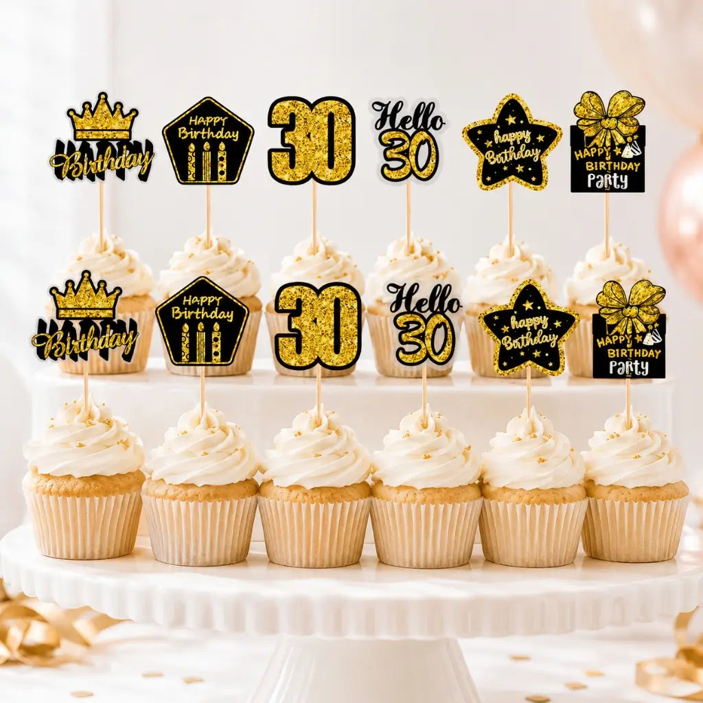Pack of 12 Black & Gold 30th Birthday Cupcake Toppers