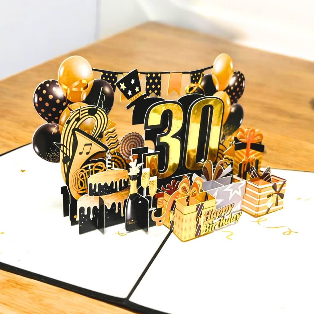 Black & Gold Happy 30th Birthday Presents 3D Card