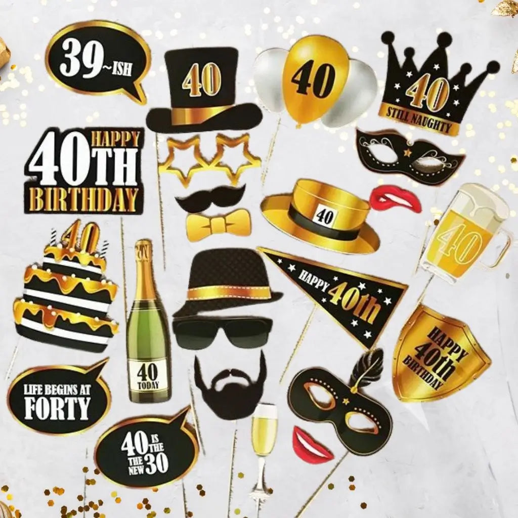 Black & Gold 40th Birthday Photo Props 21pk