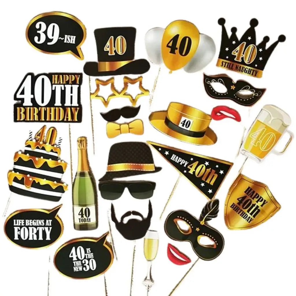 Black & Gold 40th Birthday Photo Props 21pk
