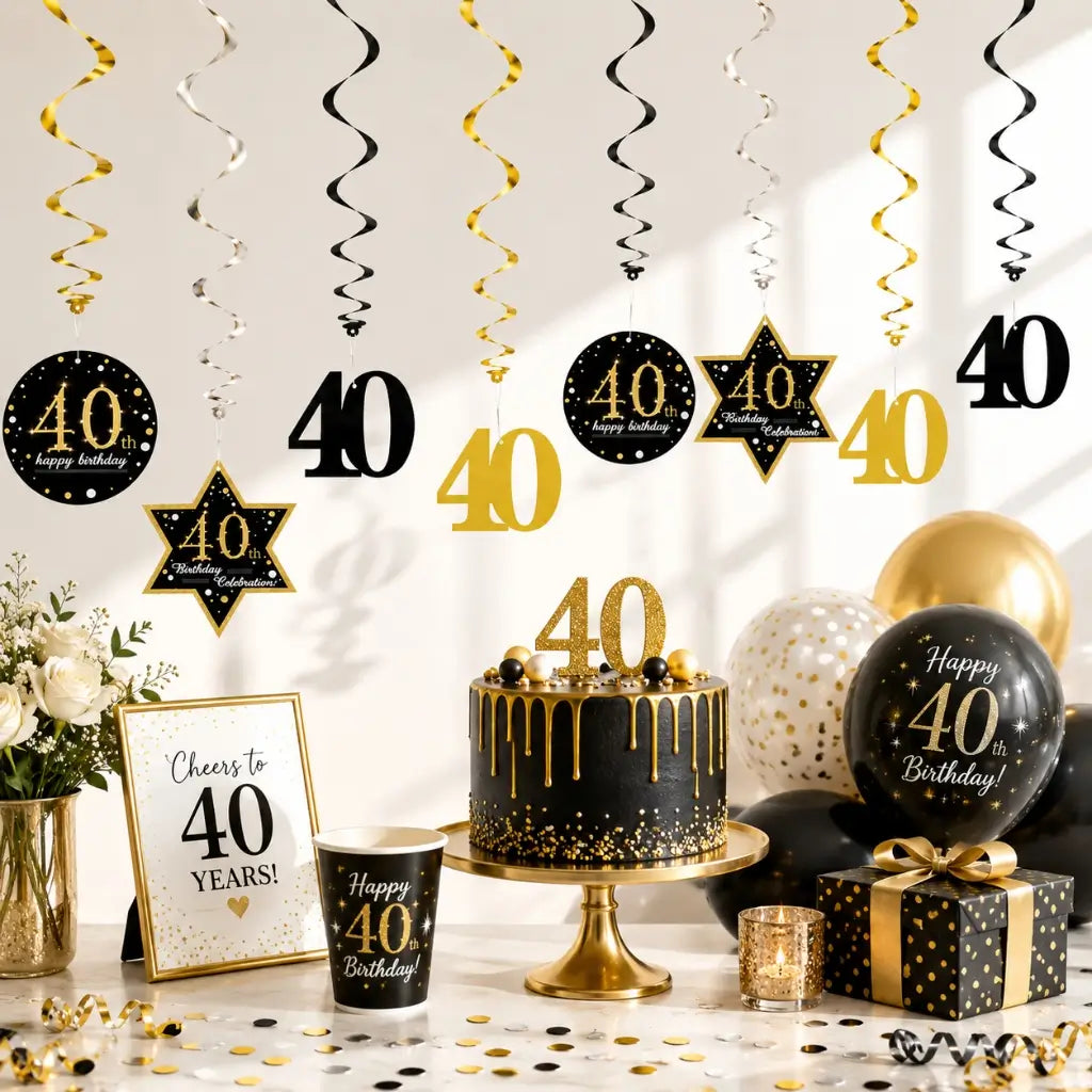 Black Gold Happy 40th Birthday Swirls Party Decorations