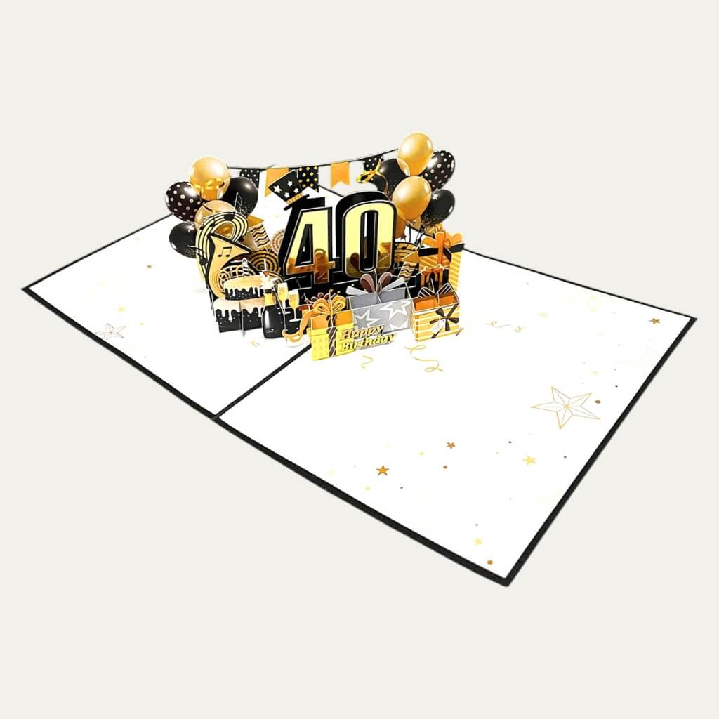 Black & Gold Happy 40th Birthday Presents Pop Card