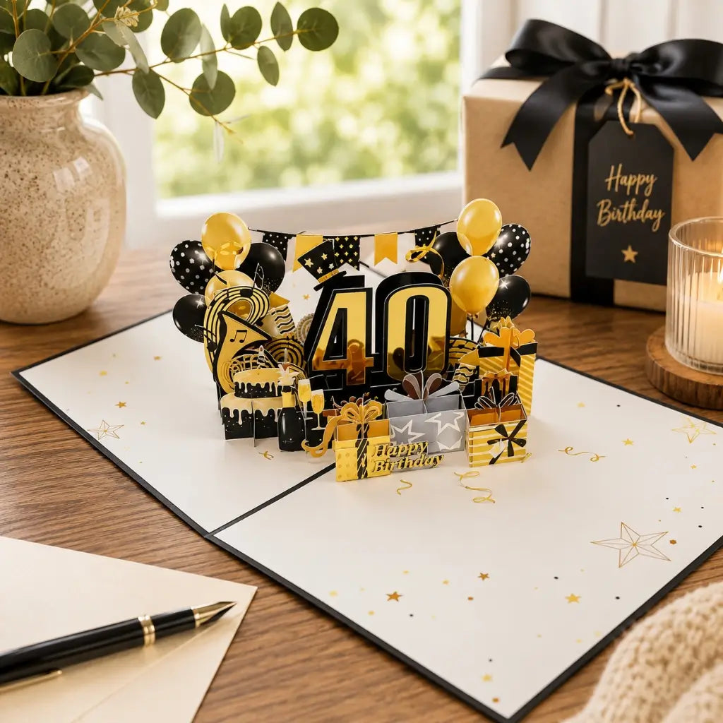 Black & Gold Happy 40th Birthday Presents Pop Card