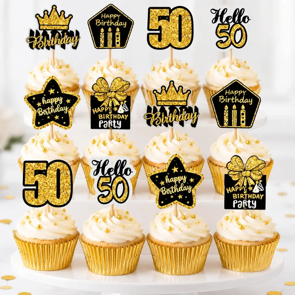 Black & Gold 50th Birthday Cupcake Toppers 12 pack