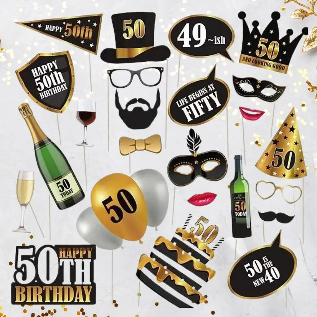 Black & Gold 50th Birthday Photo Props 25pk