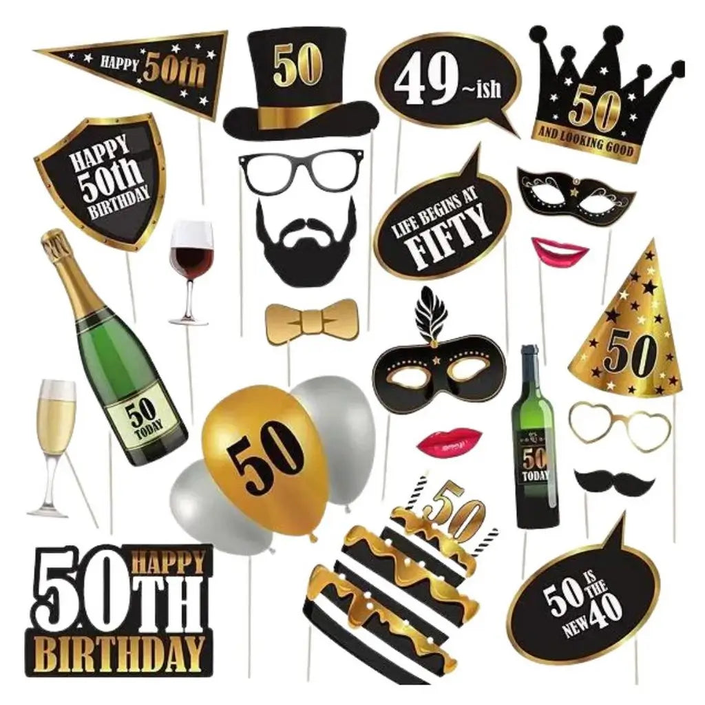 Black & Gold 50th Birthday Photo Props 25pk