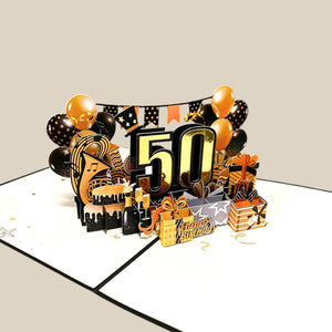 Black & Gold Happy 50th Birthday Presents Pop Up Card