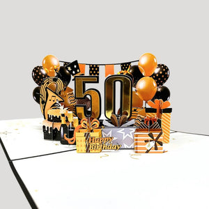 Black & Gold Happy 50th Birthday Presents Pop Up Card