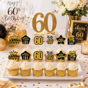 Black & Gold 60th Birthday Cupcake Picks 12pk