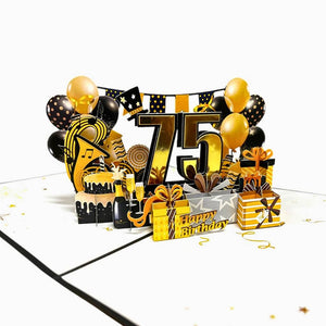 Black & Gold Happy 75th Birthday Presents Pop Card