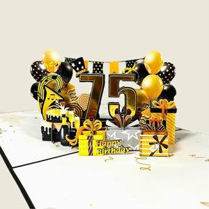 Black & Gold Happy 75th Birthday Presents Pop Card