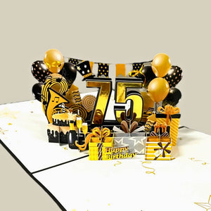 Black & Gold Happy 75th Birthday Presents Pop Card