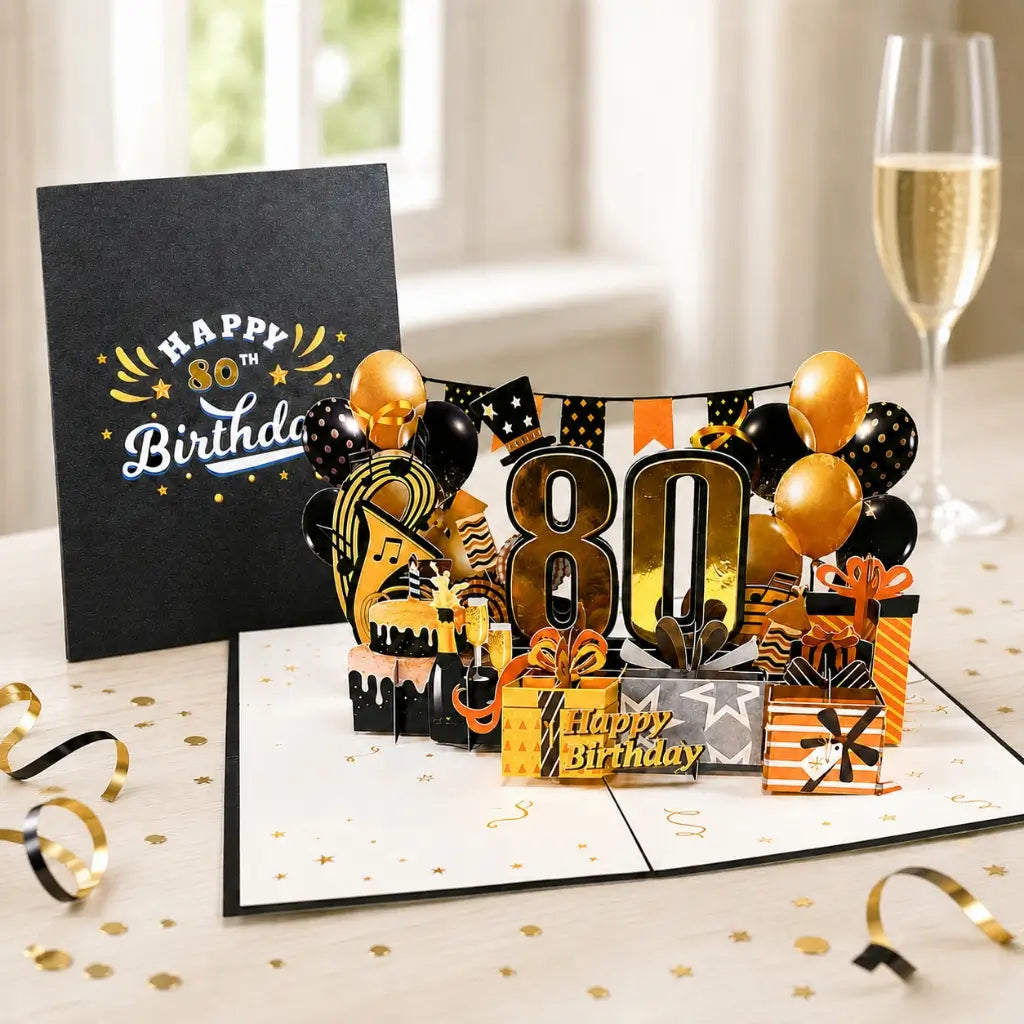 Handmade Black & Gold Happy 80th Birthday Presents 3D Pop-Up Card – A Majestic Celebration of 80 Years.