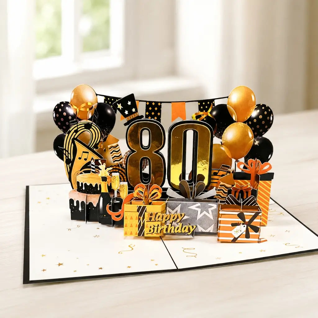 Handmade Black & Gold Happy 80th Birthday Presents 3D Pop-Up Card – A Majestic Celebration of 80 Years.