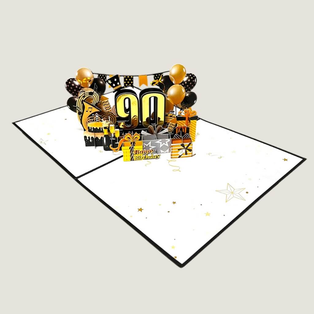 Black & Gold Happy 90th Birthday Presents 3D Card