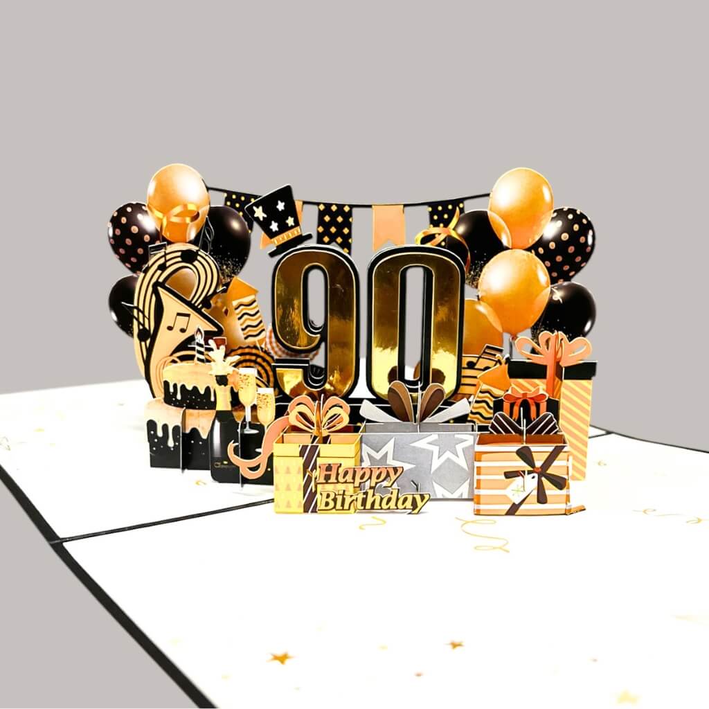Black & Gold Happy 90th Birthday Presents 3D Card