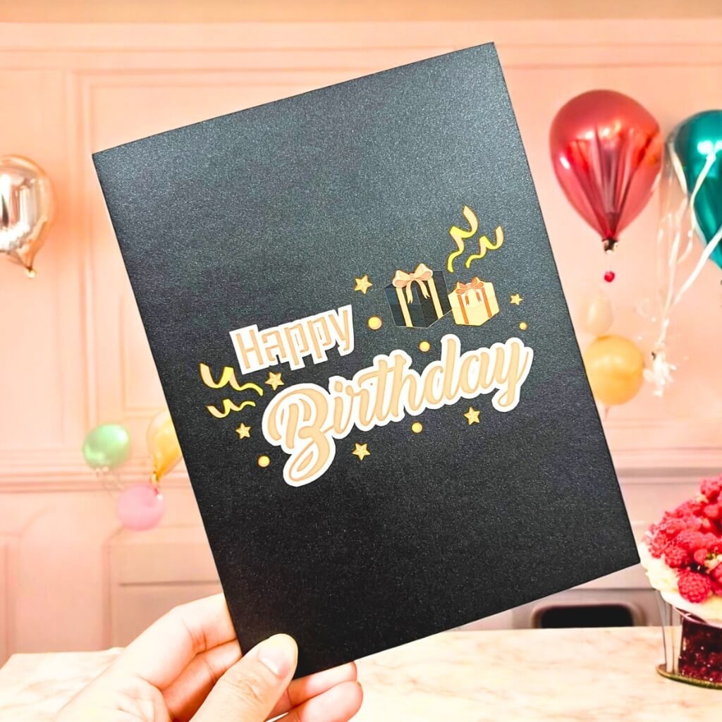 Black & Gold Happy Birthday Presents 3D Pop Card