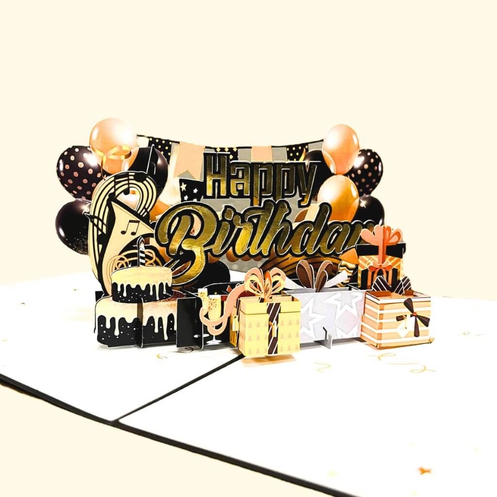 Black & Gold Happy Birthday Presents 3D Pop Card