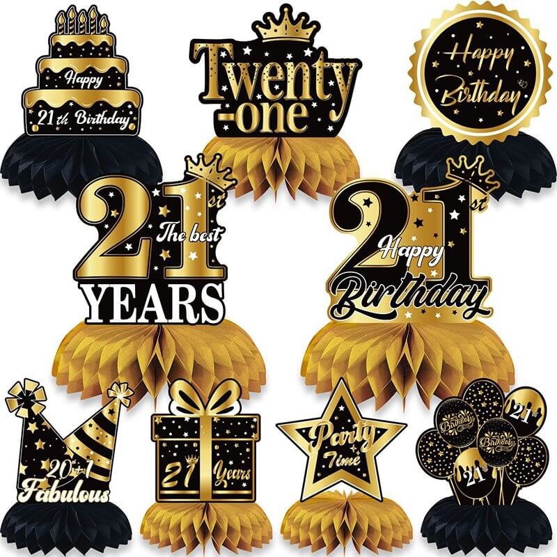Black Gold 21st Birthday Honeycomb 9pk Table Centrepiece Decorations
