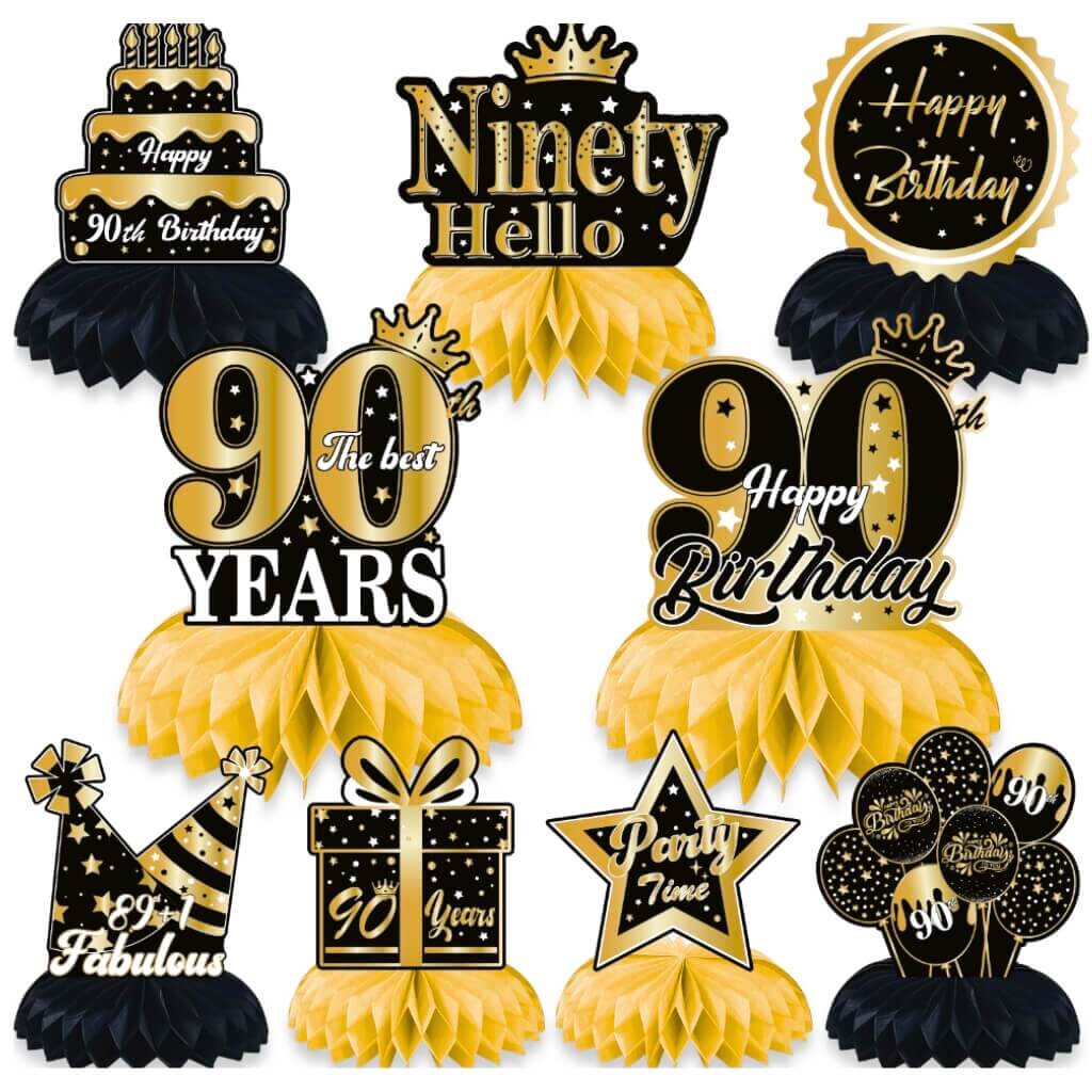 Black & Gold 90th Birthday Honeycomb Table Centrepieces 9pk