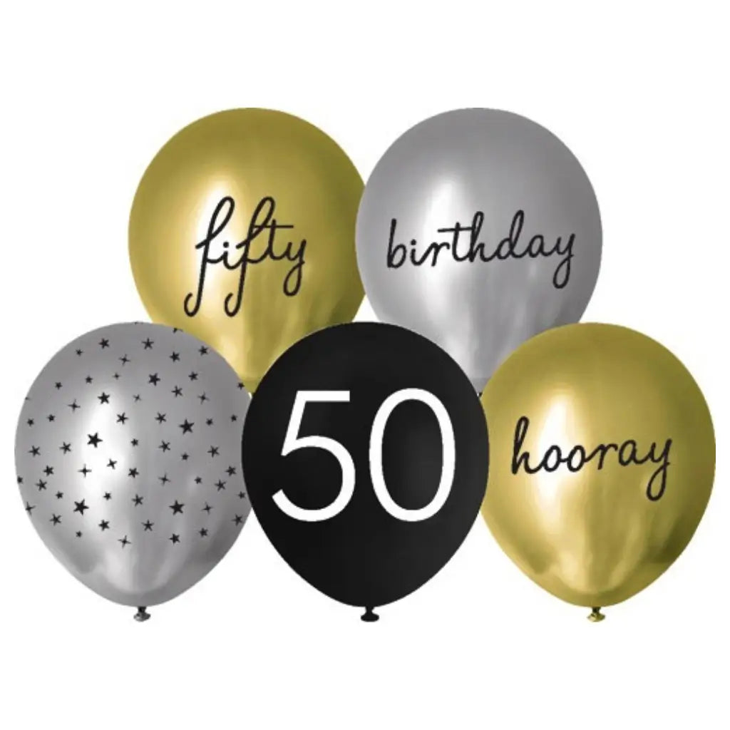 Black Gold Silver 50th Birthday Balloons 30cm – 10 Pack