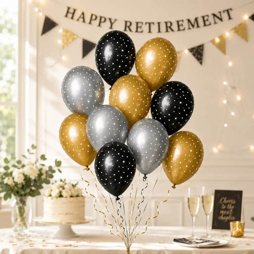 10 black gold and silver latex balloons printed with small white stars
