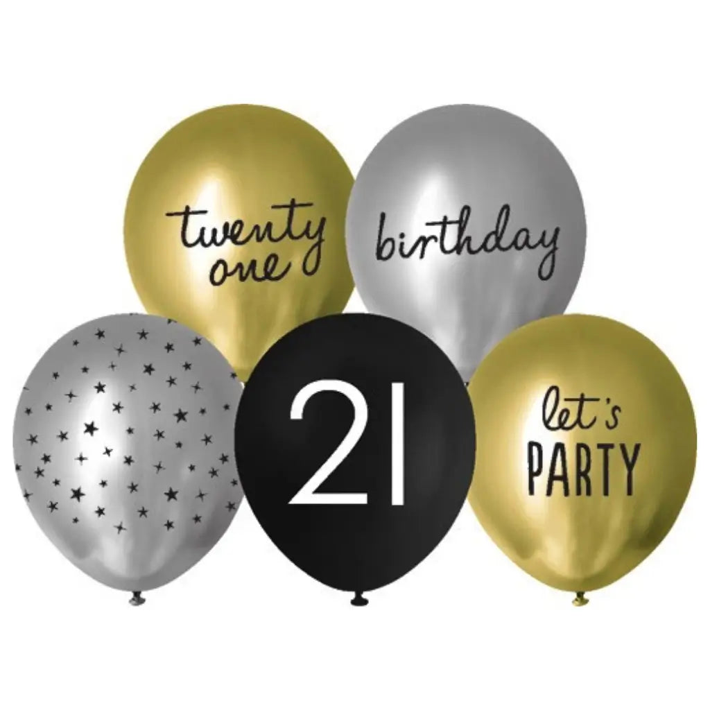 Black gold and silver 21st birthday printed latex balloons