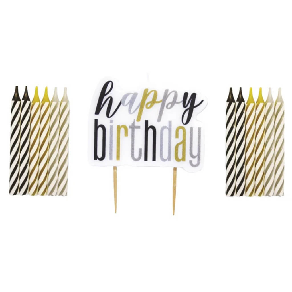 Black Gold Striped Spiral Candles & Happy Birthday 13pk