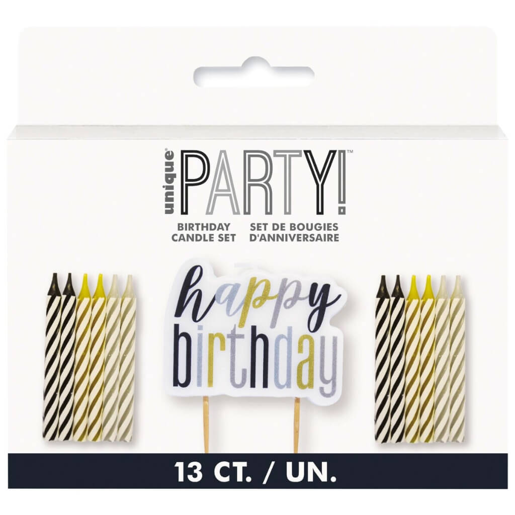 Black Gold Striped Spiral Candles & Happy Birthday 13pk