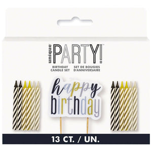 Black Gold Striped Spiral Candles & Happy Birthday 13pk