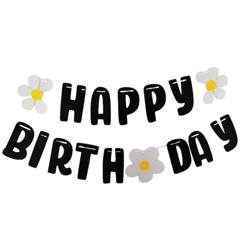 Black Happy Birthday with White Daisy Flower felt fabric Banner Bunting
