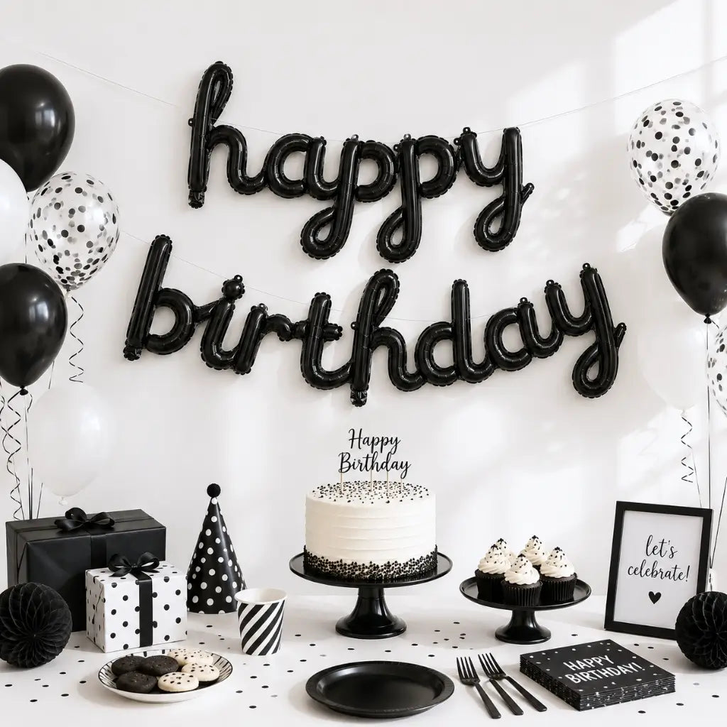 Black 'happy birthday' Script Balloon Banner Set