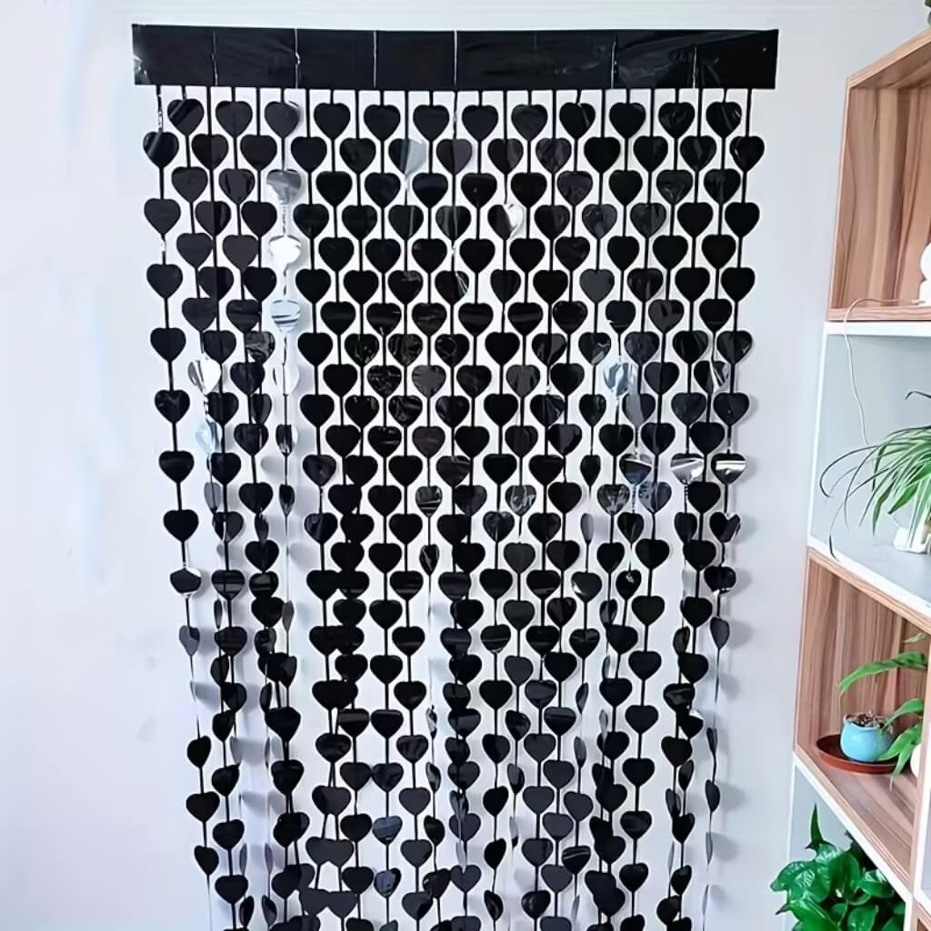 Metallic Heart Tinsel Foil Fringe Curtain - Black