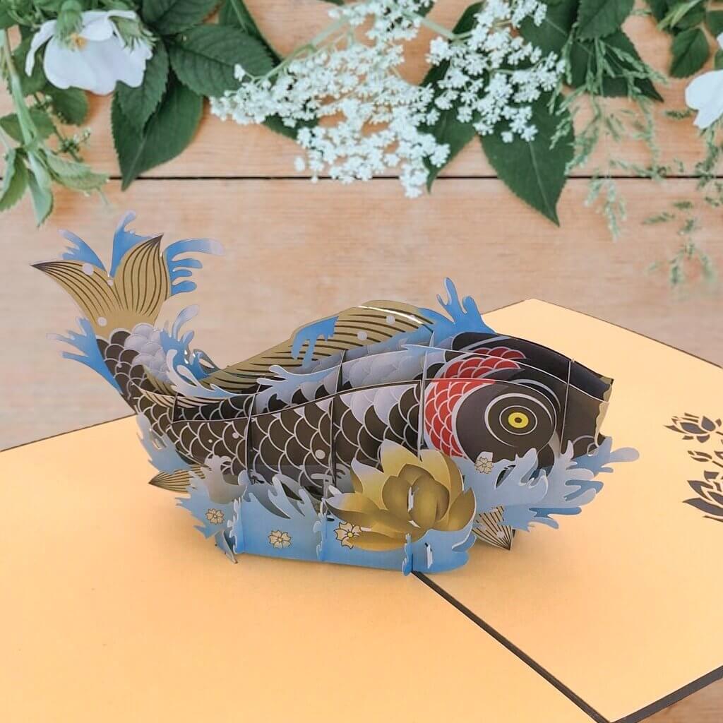 Handmade Online Party Supplies Black Japanese Koi Fish Pop Up Good Luck Card