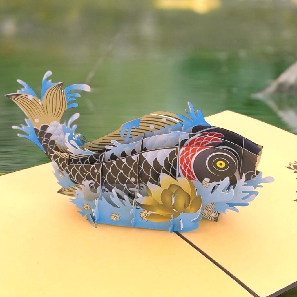 Handmade Online Party Supplies Black Japanese Koi Fish Pop Up Good Luck Card
