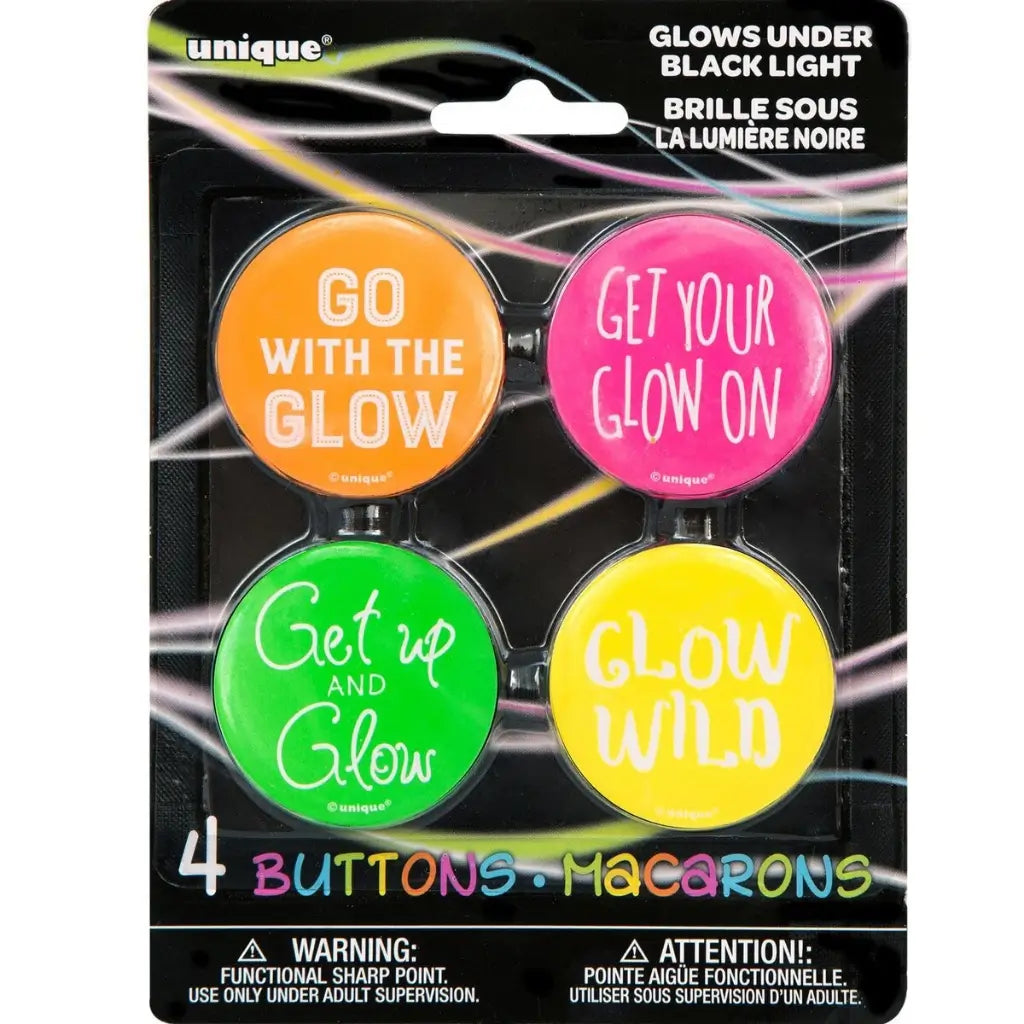 Black Light Neon Buttons UV Glow Party Badges 4 Pack