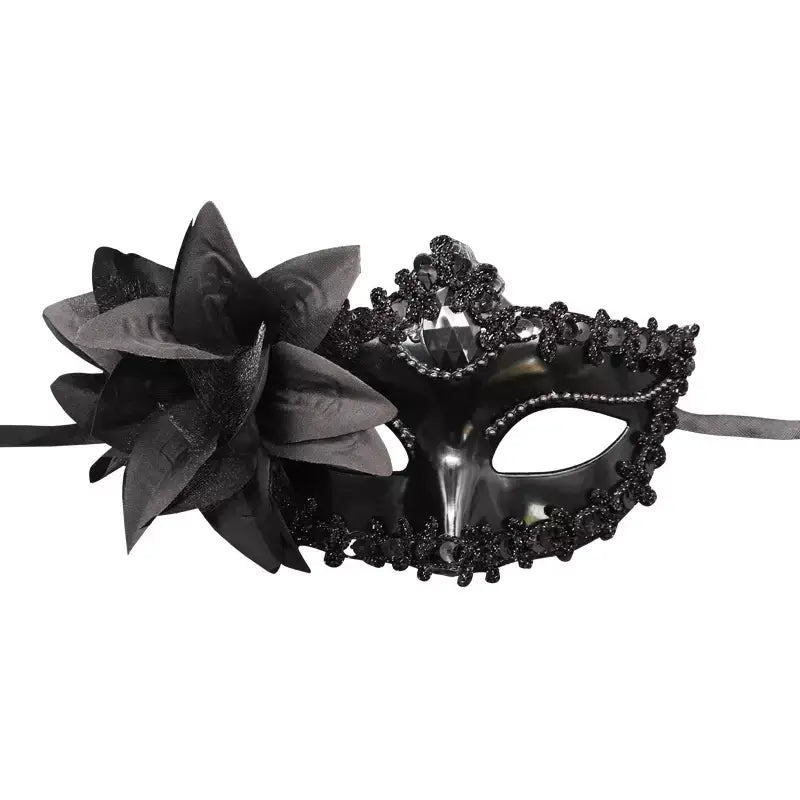 Elegant Lace Masquerade Mask with Flower for Women - Black