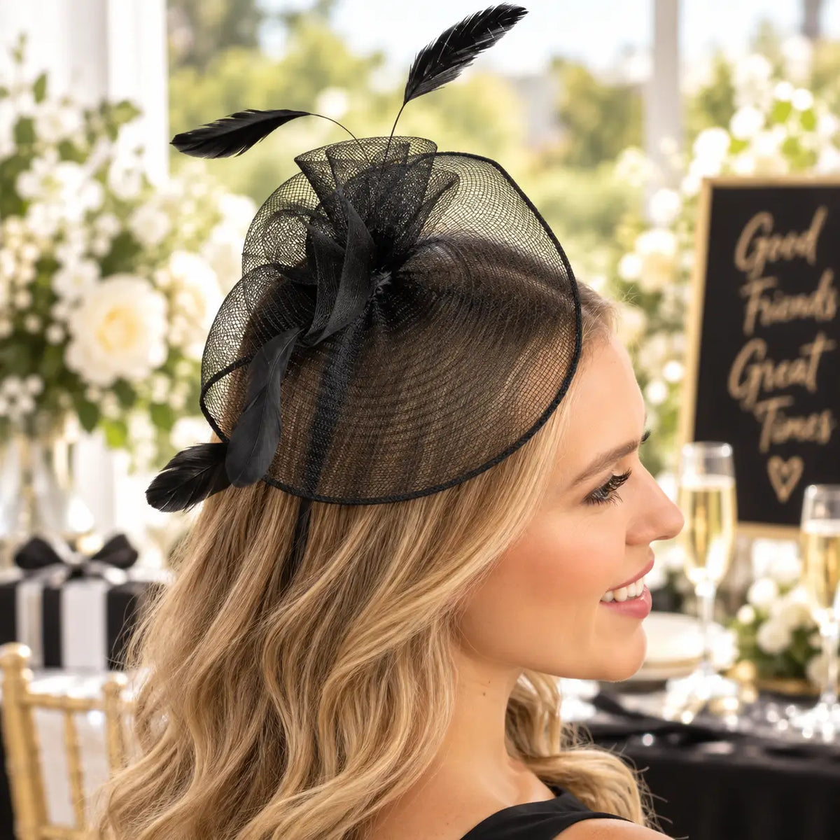 Black formal mesh hatinator with an elegant angled silhouette