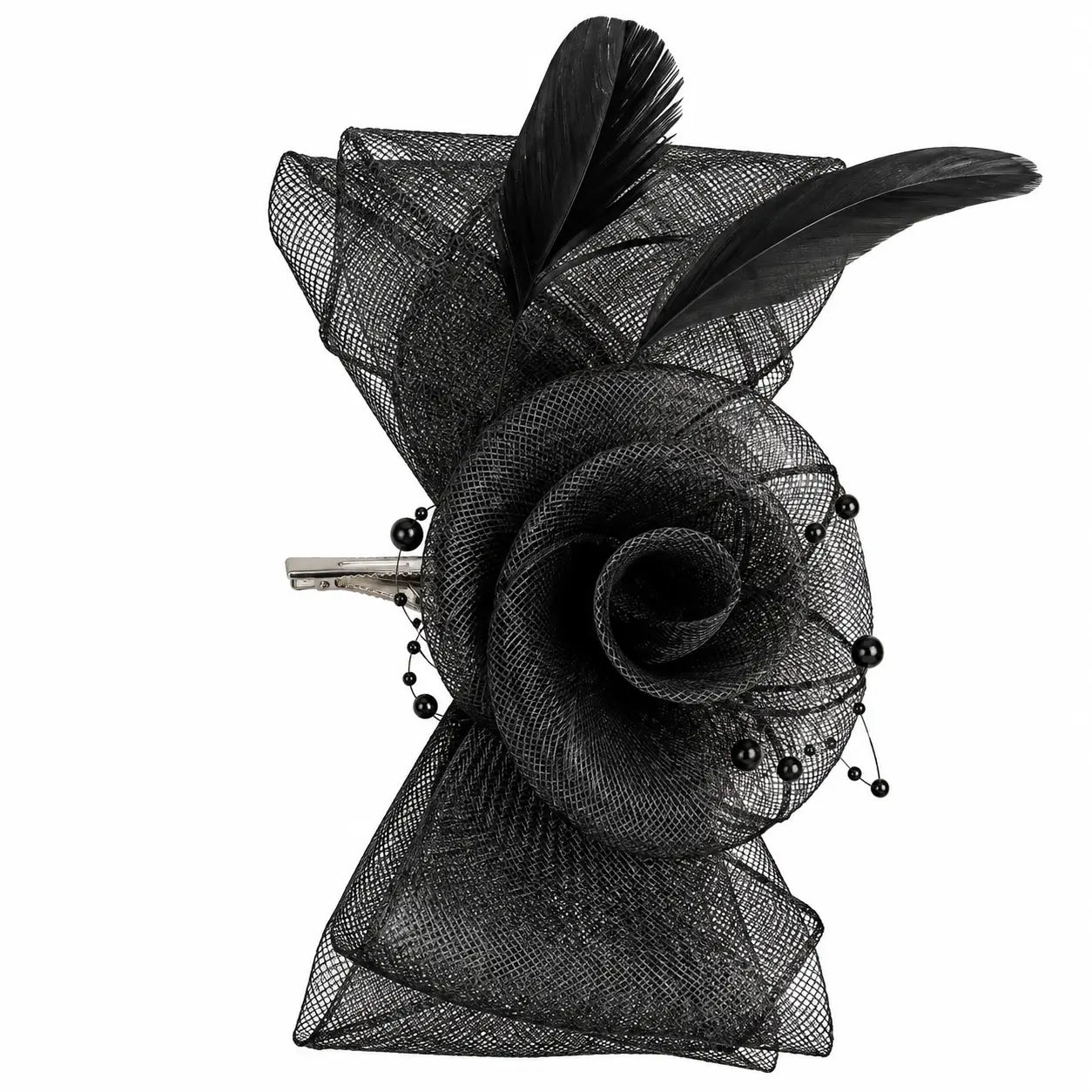 bella black flower fascinator hair clip worn above loose waves