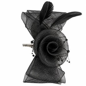 bella black flower fascinator hair clip worn above loose waves