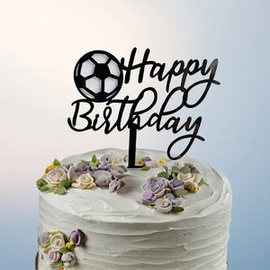 Black Happy Birthday Soccer Ball Cake Topper