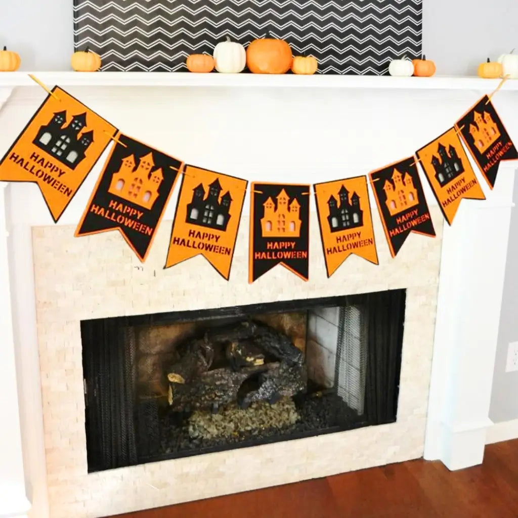 Black & Orange Happy Halloween Haunted Castle Felt Banner