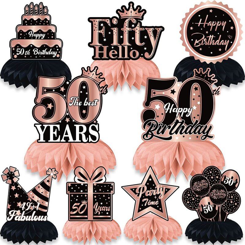 Black Rose Gold 50th Birthday Paper Honeycomb table centrepiece